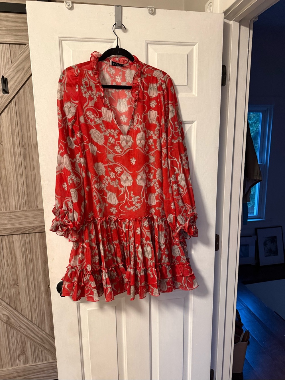 Red Floral V-Neck Ruffle Midi Dress
